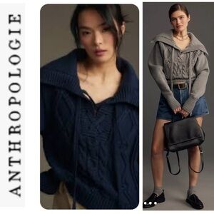 PILCRO Anthropologie Cable Sweater Lace Up Collar 100% cotton sweater twofer